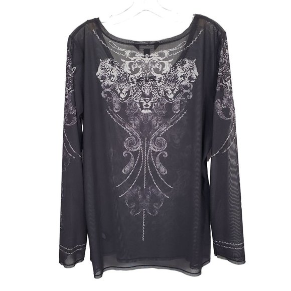 Rock & Republic Size XL Shirt Sheer Mesh Cheetah Head Print Long Sleeve Pullover - Picture 3 of 9